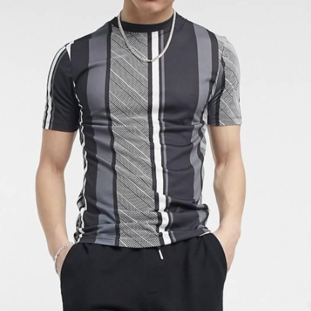 River Island ASOS Striped Grey Graphic T-shirt Muscle Fitted Tight Small